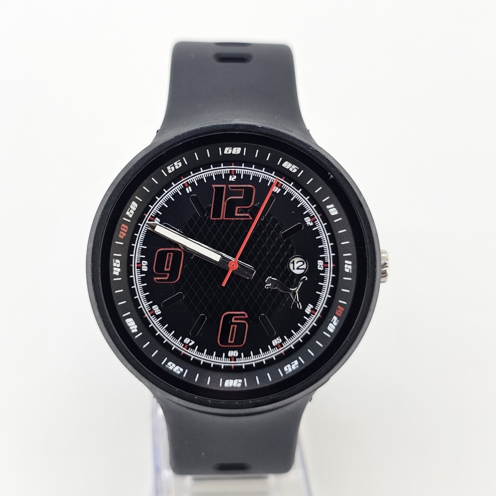 Puma Slick Men's Watch 45MM Black Dial Date Black Plastic Bands New Battery